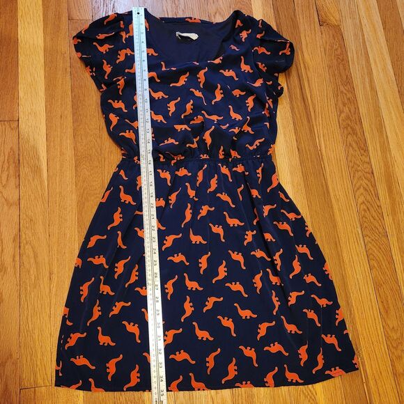 Peach Love x ModCloth Navy Orange Dinosaur Print Tulip Sleeve Dress, Sz M - Picture 7 of 9